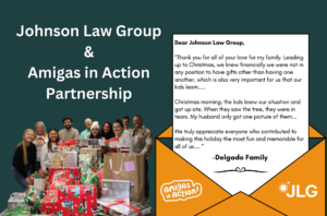 This image is promoting Johnson Law Group's partnership with Amigas in Action to help Denver families in need during the holiday season.