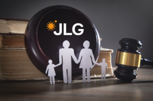 paper family, law book, and gavel representing family law and the Johnson Law Group logo.