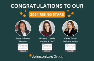 Photos of three team members at johnson law group being recognized for being selected for the Rising Stars 2024 list.
