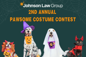 Photos of animals in costumes for Johnson Law Group's 2nd annual Halloween pet costume contest.